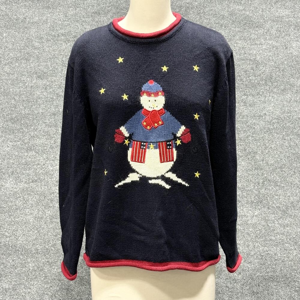Christopher & Banks Sweater Womens Medium Navy Snowman Stars Holiday Christmas
